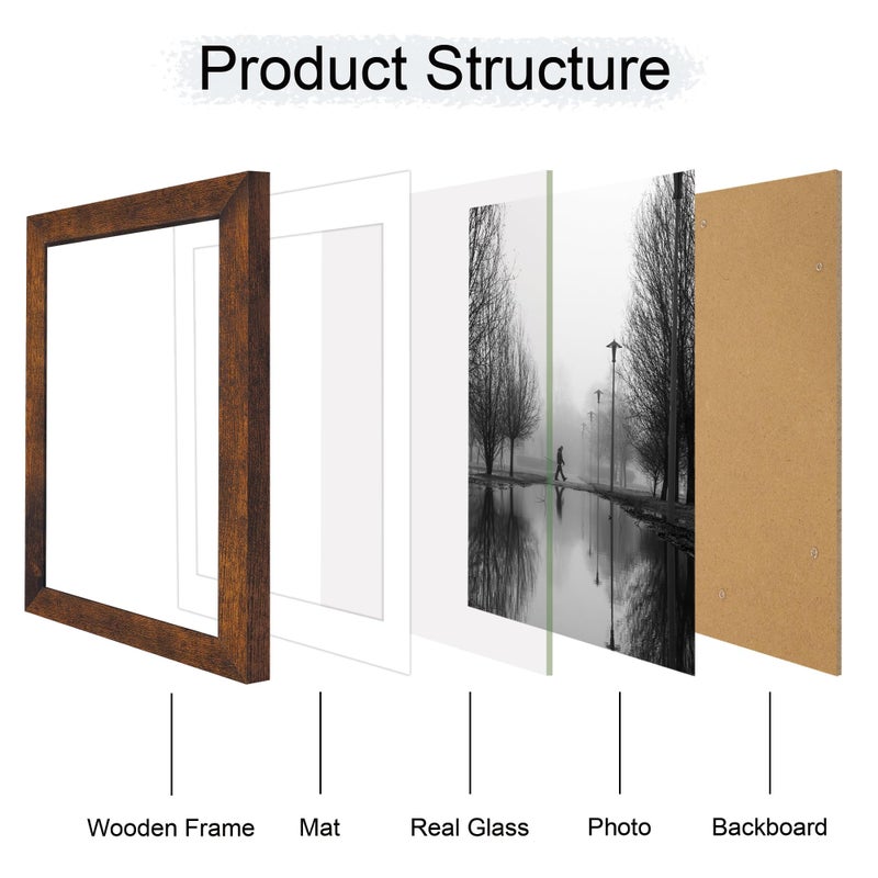 iRahmen 8x12 Picture Frame Set of 4 with High Definition Real Glass  Display 6x8 Pictures with Mat or 8 x 12 Without Mat  Wood Rustic Photo Frames for Tabletop and Wall Mounting - Image 3